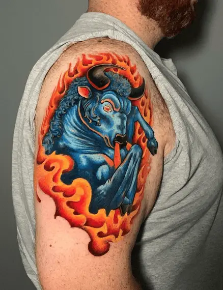 Blue Ink Bull with Flames Arm Tattoo