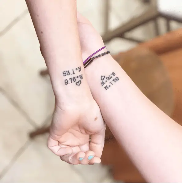 Coordinates Tattoo for Friends with Tiny Hearts