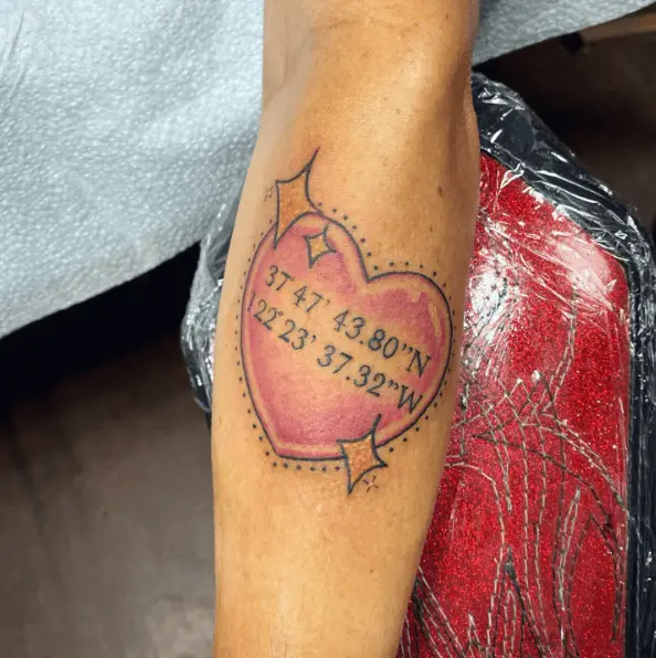 Pink Heart Tattoo with Coordinates and Sparks
