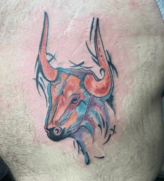Sketch Style Colorful Bull Tattoo