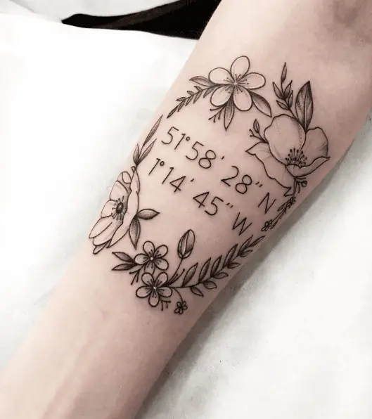 Circle Shaped Florals with Coordinates Tattoo