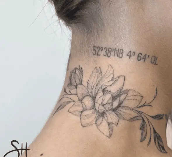 Greyscale Flowers with Coordinates Neck Tattoo