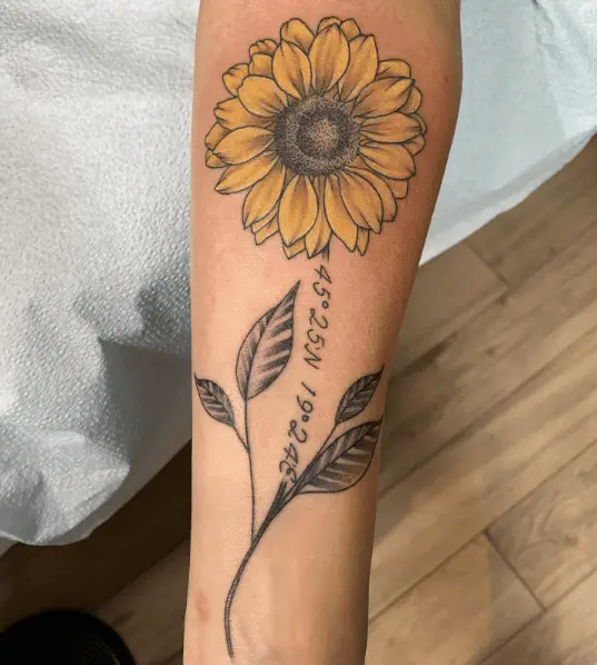 Sunflower with Coordinates Forearm Tattoo