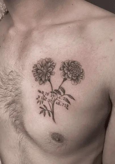 Marigold Flowers with Coordinates Chest Tattoo
