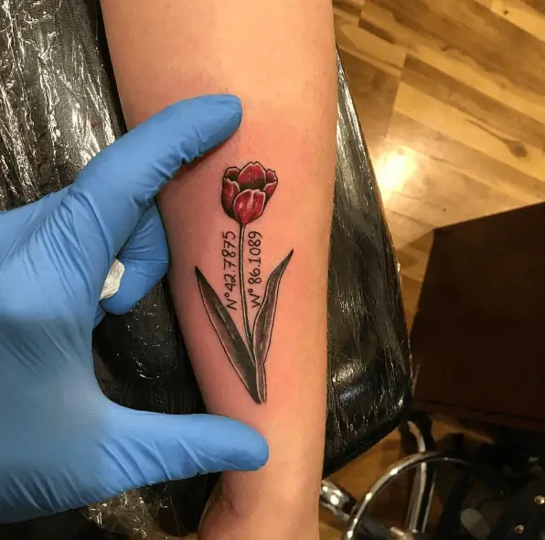 Red Tulip with Coordinates Tattoo