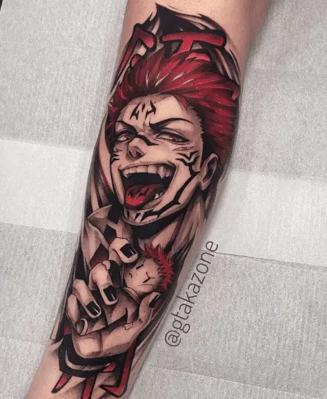 Black and Red Ink Sukuna Jujutsu Tattoo