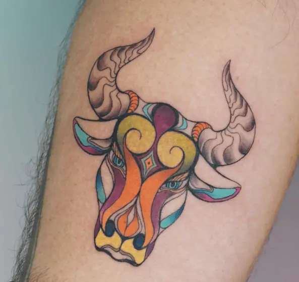 Multicolored Bull Head Tattoo