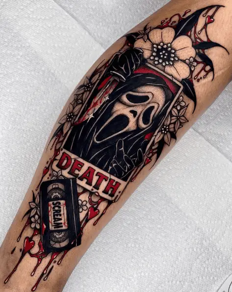 Black and Red Ghostface with Florals Tattoo