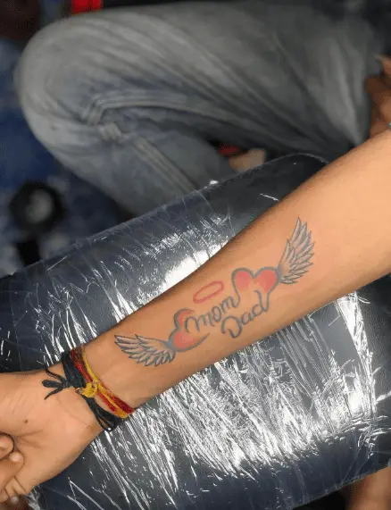 Mom and Dad Tattoo with Red Hearts and Wings