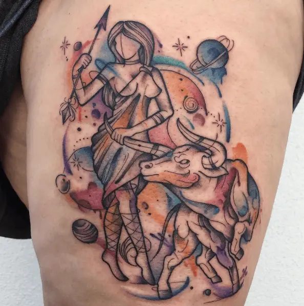 Woman and Bull with Planets Tattoo