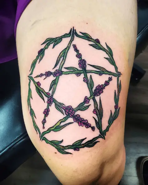 Lavender Pentacle Thigh Tattoo