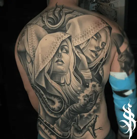 Triple Goddess Full Back Tattoo