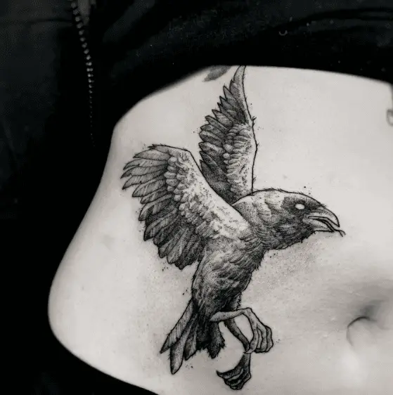 Grey Colored Raven Tummy Tattoo