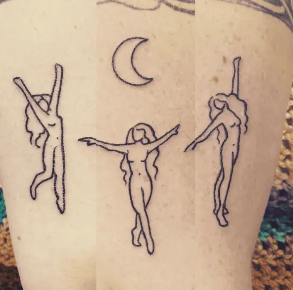 Tattoo of Three Naked Women Dancing Under the Moon