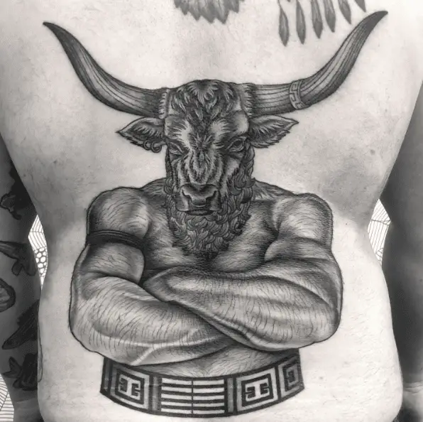 Sketch Style Minotaur Bull Back Tattoo