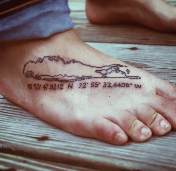 Map with Coordinates Foot Tattoo