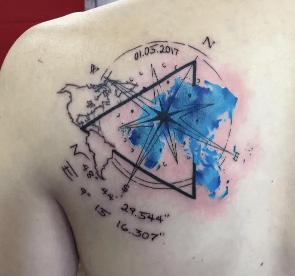 Water Colored Map with Compass and Coordinates