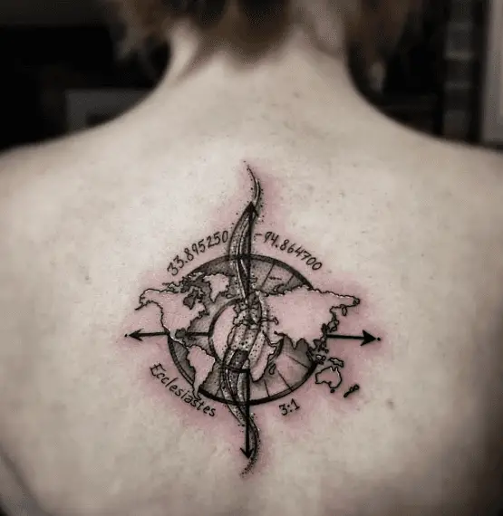 Compass Map with Coordinates Back Tattoo
