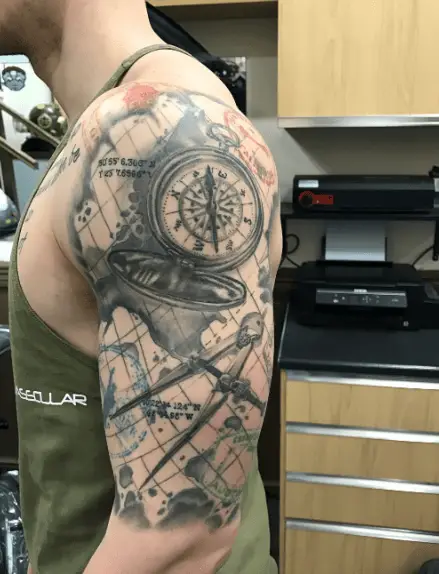 Realistic Map with Coordinates and Compass Tattoo 