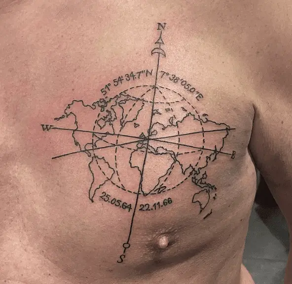 Globe with Coordinates and Compass Chest Tattoo