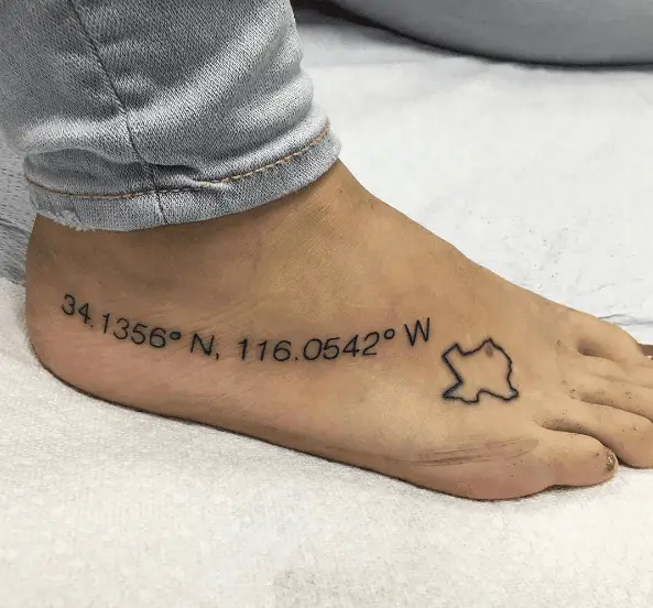 Simple Line Map with Coordinates Leg Tattoo