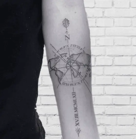 World Map with Coordinates and Roman Numerals Arm Tattoo