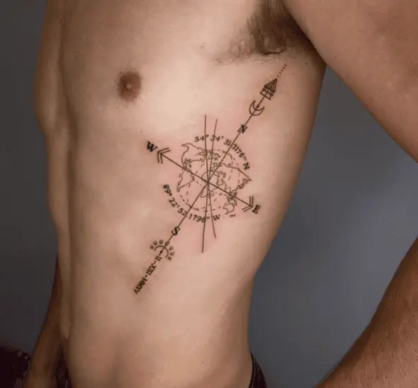 Compass with Map and Coordinates Rib Tattoo