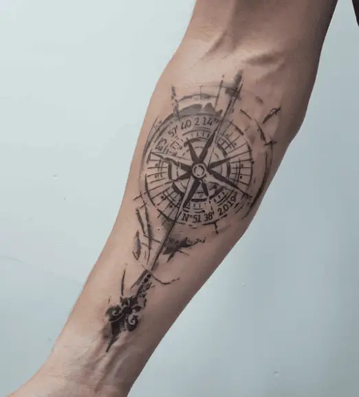 Sketch Style Compass Coordinate Forearm Tattoo