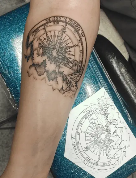 Forest Themed Compass with Coordinates Tattoo