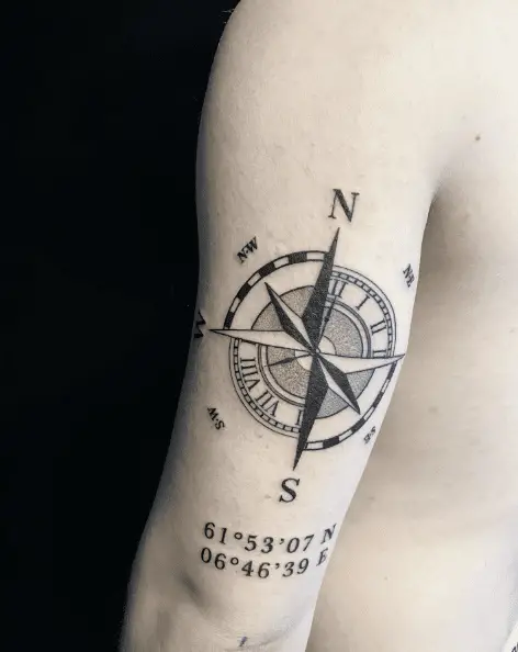 Compass and Clock Combination with Coordinates Tattoo