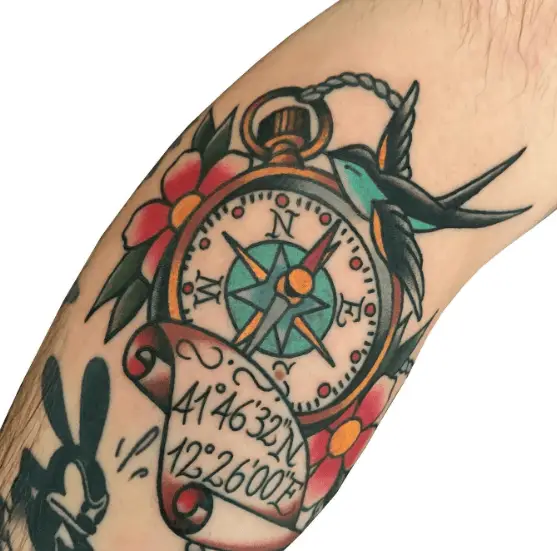 Traditional Style Floral Compass with Coordinates and Cuckoo Bird Tattoo