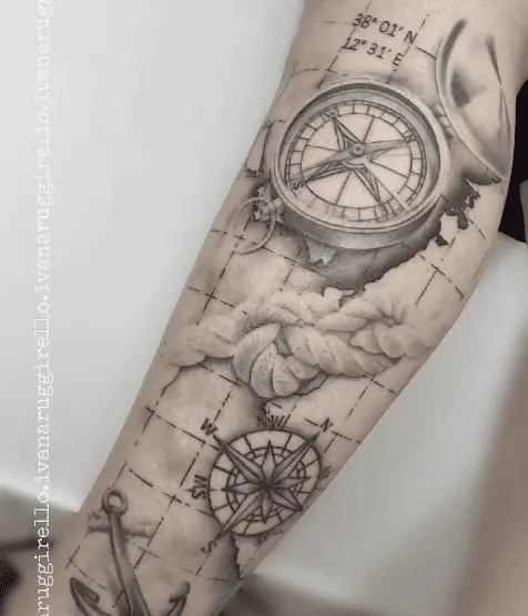 Compass with Coordinates and Rope Tattoo