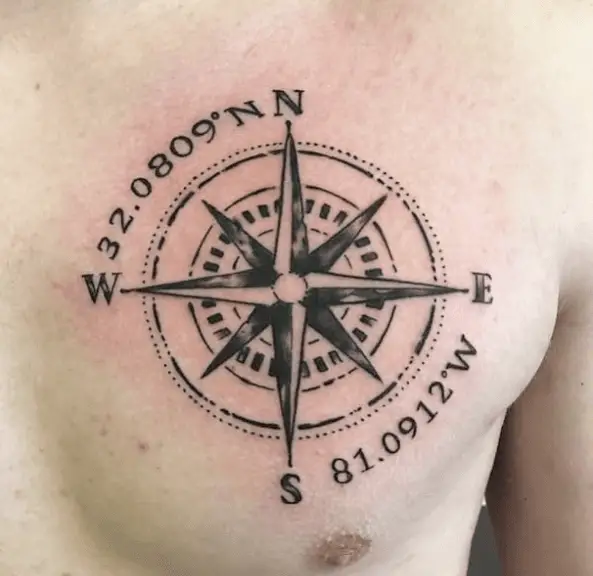 Compass Rose with Coordinates Chest Tattoo