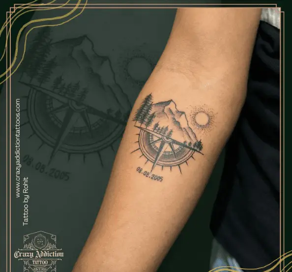 Compass with Mountain and Coordinates Tattoo
