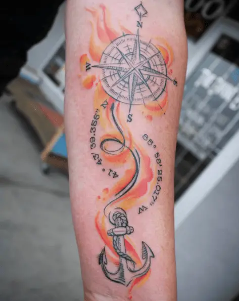 Sketchy Watercolor Anchor and Compass Rose Tattoo