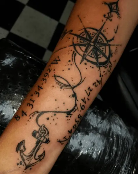 Black Ink Compass Anchor with Coordinates Tattoo