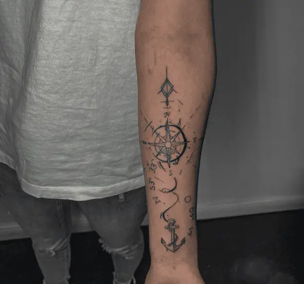 Compass, Anchor and Arrow with Coordinates Forearm Tattoo