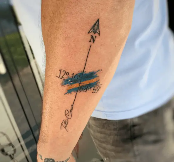 Arrow and Coordinates with Flag Tattoo