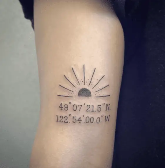 Black Ink Sun with Coordinates Tattoo 