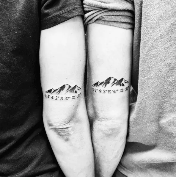 Mountains with Coordinates Back Arm Tattoo