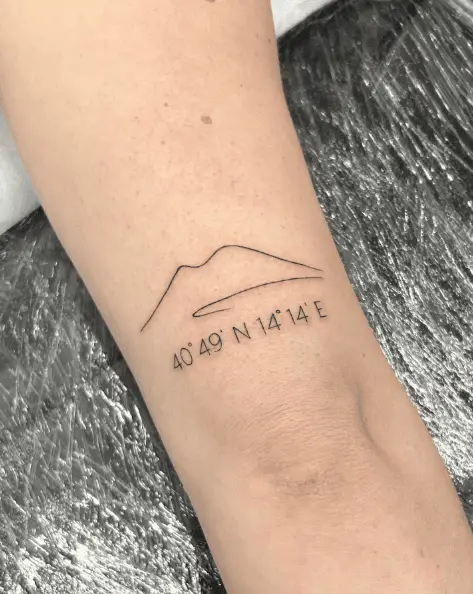 Fine Line Mountain with Coordinates Tattoo