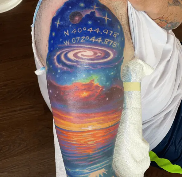 Sunset, Ocean and Space Themed Coordinates Tattoo