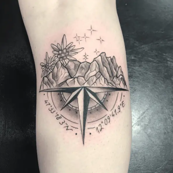 Combination Tattoo of Mountains, Compass and Florals Coordinates Tattoo