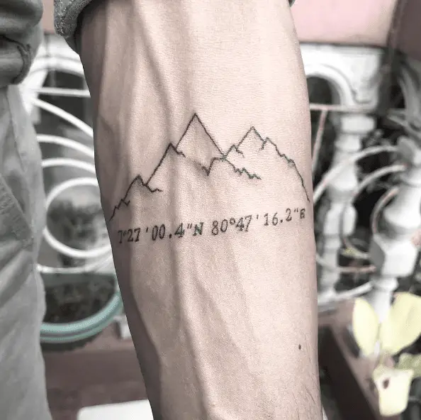 Fine Line Mountains with Coordinates Tattoo