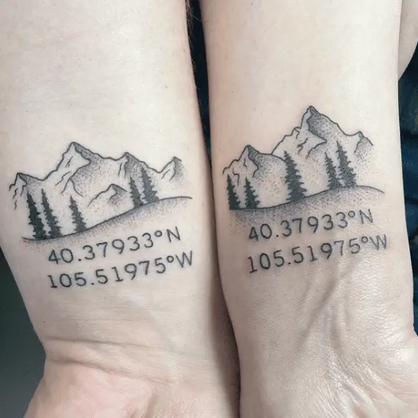 Matching Dot Work Mountain with Coordinates Wrist Tattoo