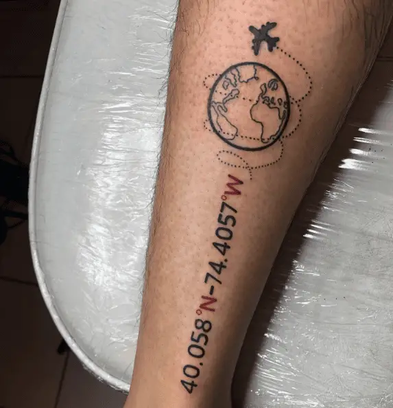 New Jersey Coordinates with Globe and Plane Tattoo