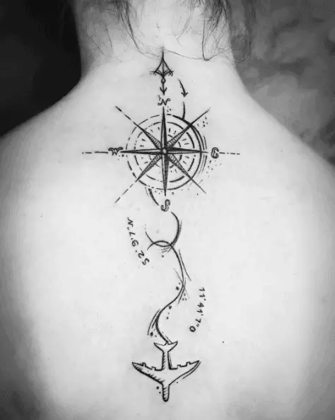Compass with Plane and Coordinates Back Tattoo