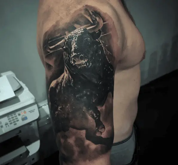 Black Ink Raging Bull Arm Tattoo