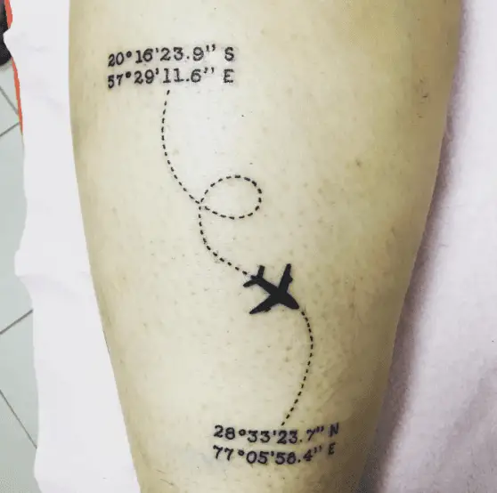 Flight Route Coordinates with Bold Ink Plane Tattoo