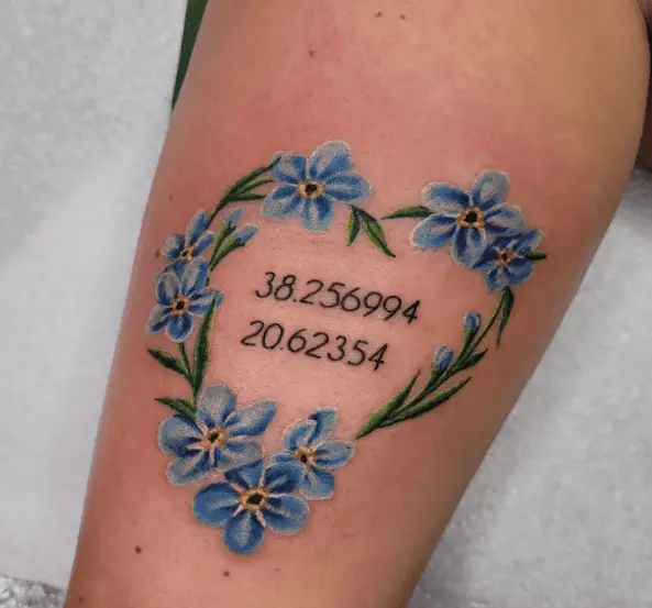 Blue Floral Heart with Coordinates Tattoo
